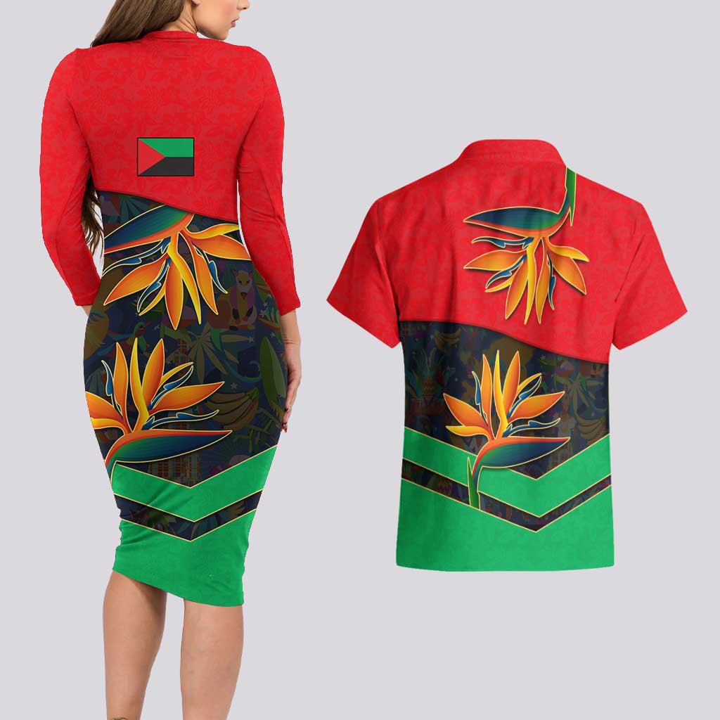 Martinique Pride Couples Matching Long Sleeve Bodycon Dress and Hawaiian Shirt with Red Green Design and Tropical Bird of Paradise Flower