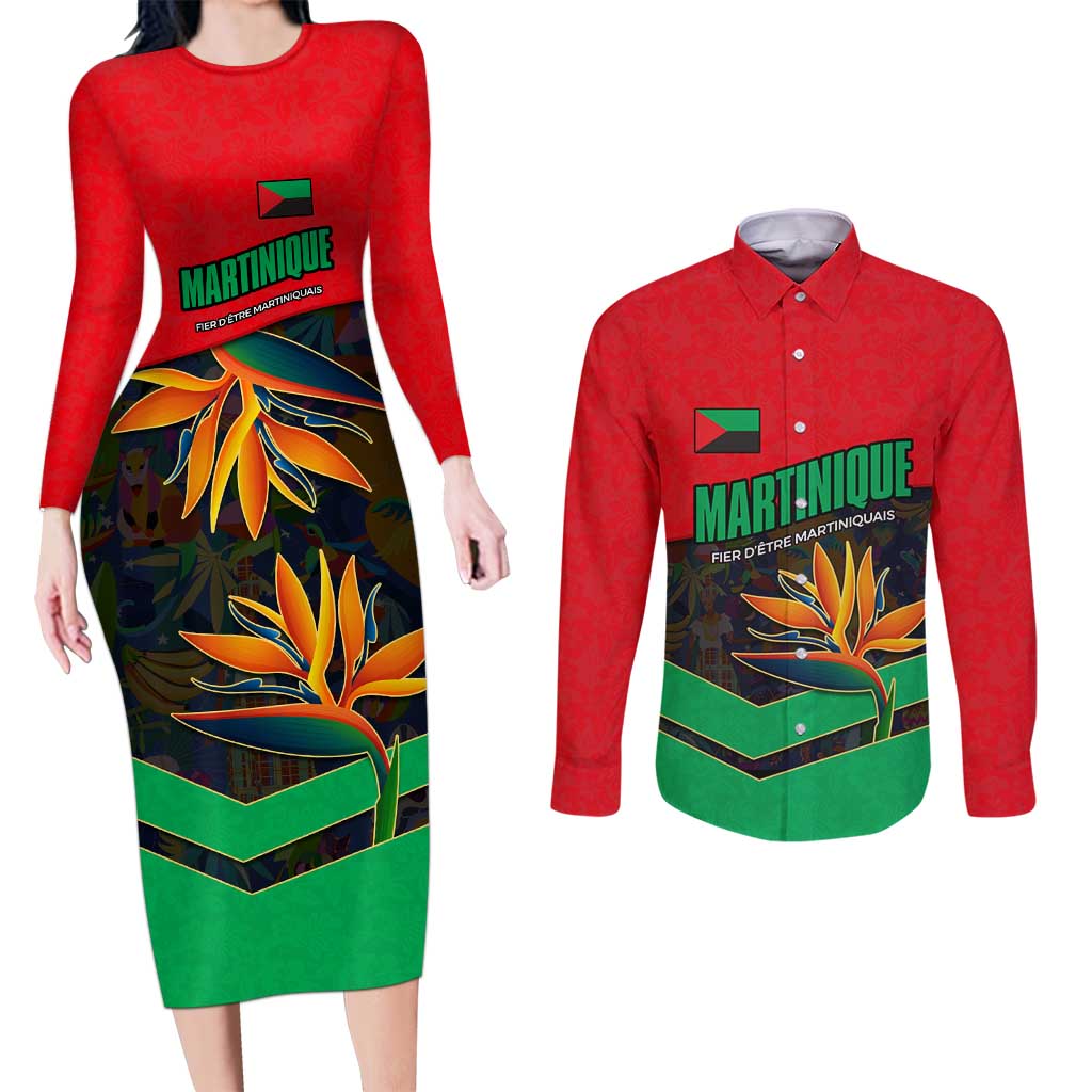 Martinique Pride Couples Matching Long Sleeve Bodycon Dress and Long Sleeve Button Shirt with Red Green Design and Tropical Bird of Paradise Flower