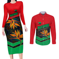 Martinique Pride Couples Matching Long Sleeve Bodycon Dress and Long Sleeve Button Shirt with Red Green Design and Tropical Bird of Paradise Flower