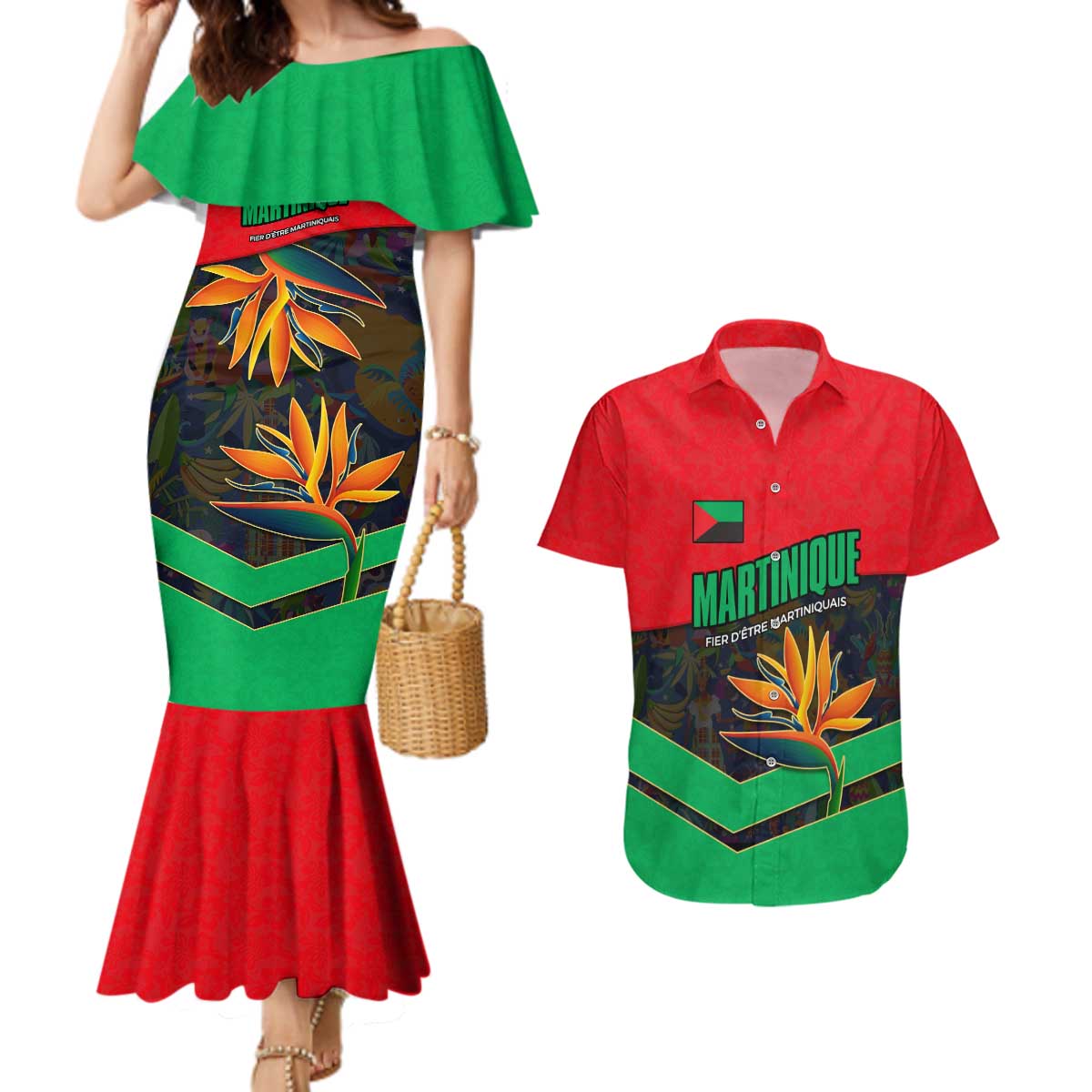 Martinique Pride Couples Matching Mermaid Dress and Hawaiian Shirt with Red Green Design and Tropical Bird of Paradise Flower