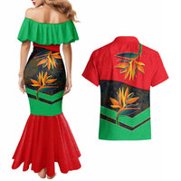Martinique Pride Couples Matching Mermaid Dress and Hawaiian Shirt with Red Green Design and Tropical Bird of Paradise Flower