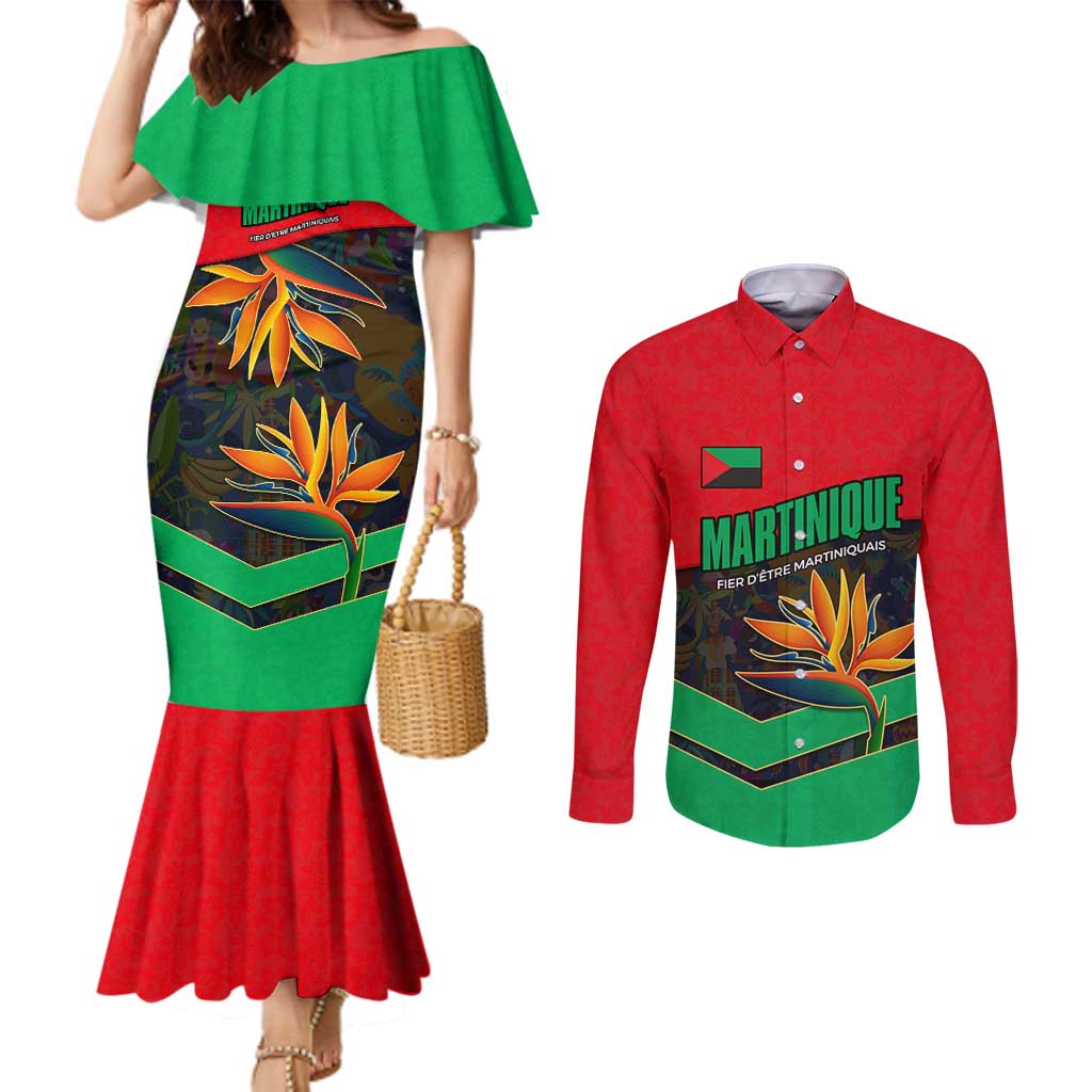Martinique Pride Couples Matching Mermaid Dress and Long Sleeve Button Shirt with Red Green Design and Tropical Bird of Paradise Flower