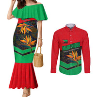 Martinique Pride Couples Matching Mermaid Dress and Long Sleeve Button Shirt with Red Green Design and Tropical Bird of Paradise Flower