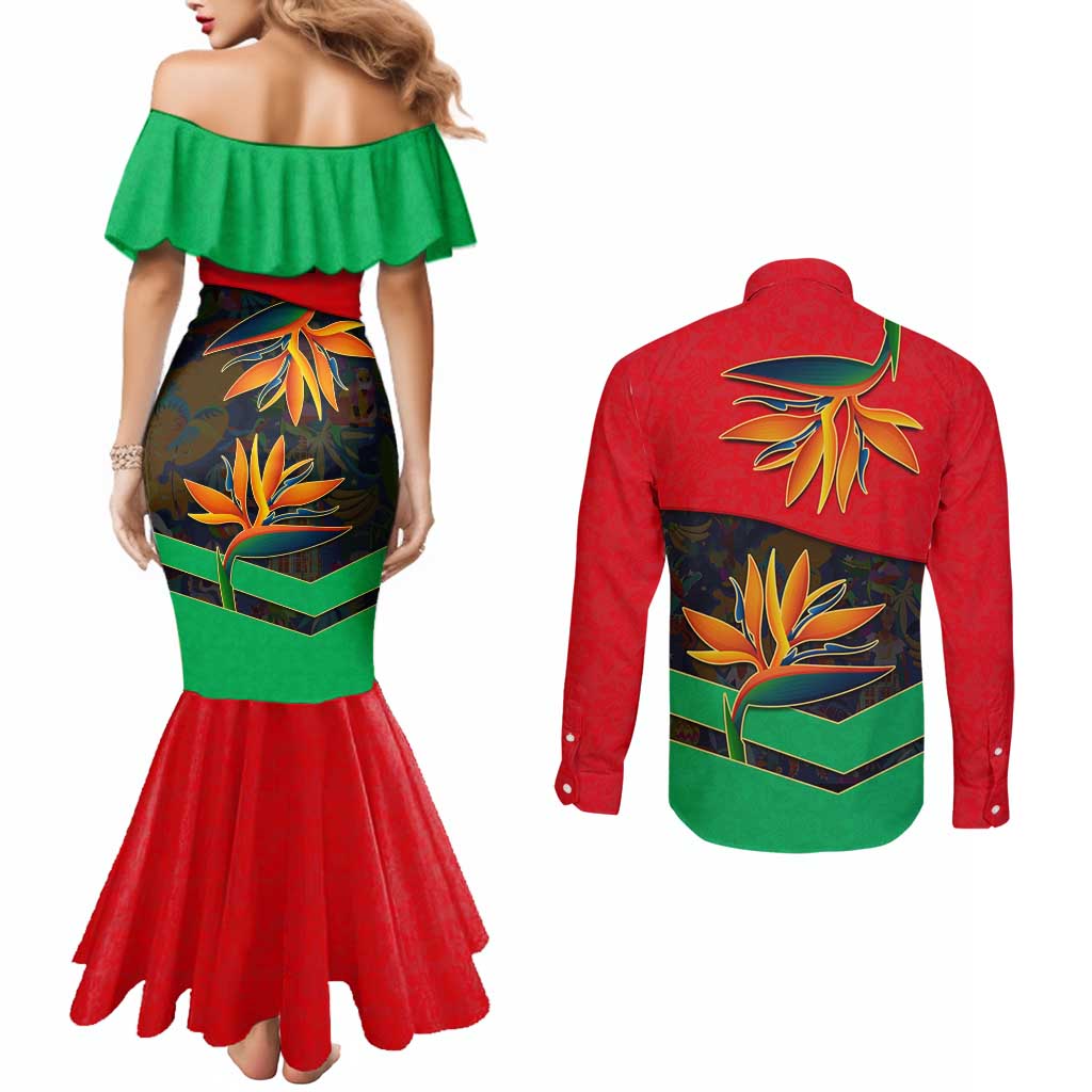 Martinique Pride Couples Matching Mermaid Dress and Long Sleeve Button Shirt with Red Green Design and Tropical Bird of Paradise Flower
