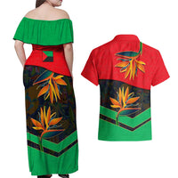 Martinique Pride Couples Matching Off Shoulder Maxi Dress and Hawaiian Shirt with Red Green Design and Tropical Bird of Paradise Flower