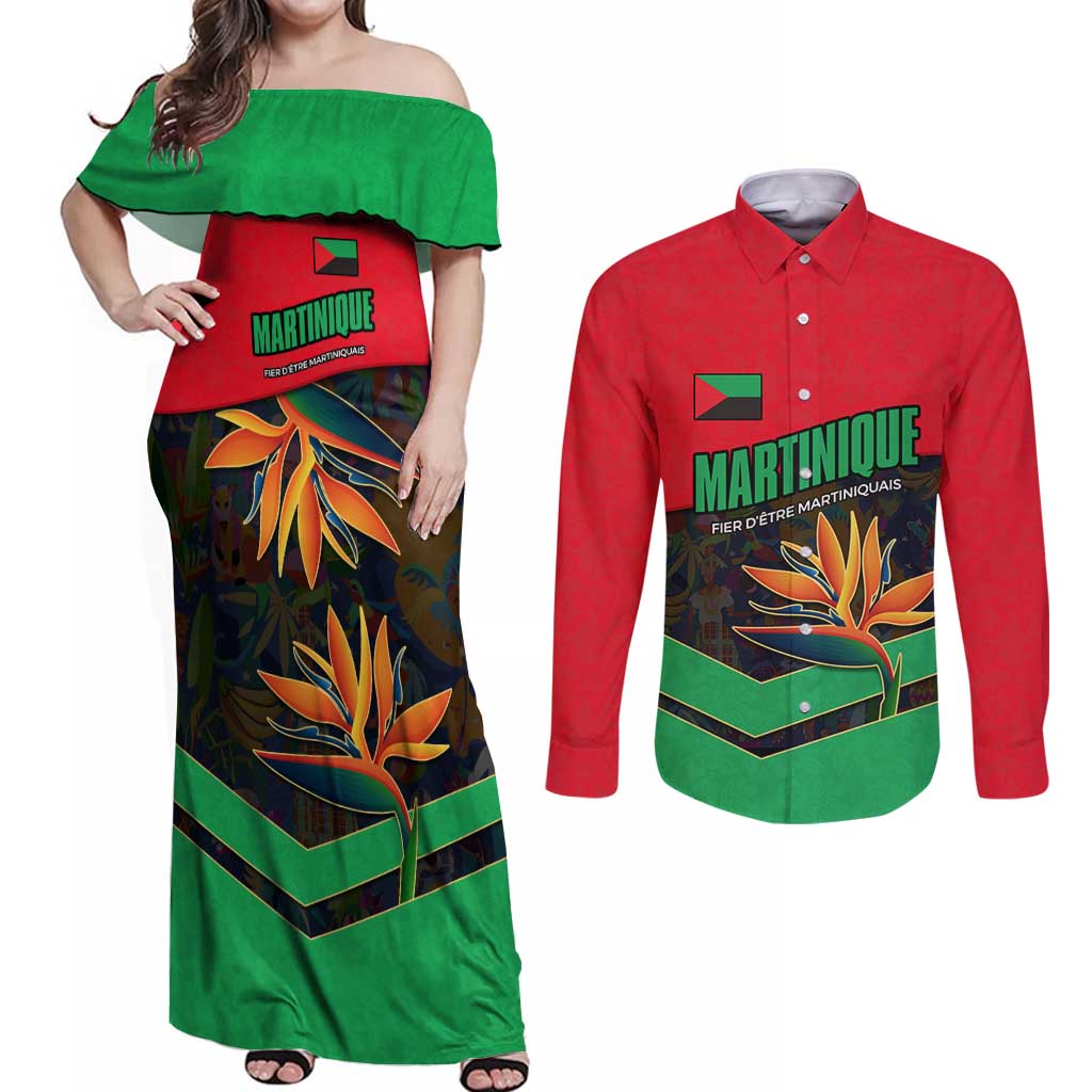 Martinique Pride Couples Matching Off Shoulder Maxi Dress and Long Sleeve Button Shirt with Red Green Design and Tropical Bird of Paradise Flower