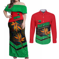Martinique Pride Couples Matching Off Shoulder Maxi Dress and Long Sleeve Button Shirt with Red Green Design and Tropical Bird of Paradise Flower