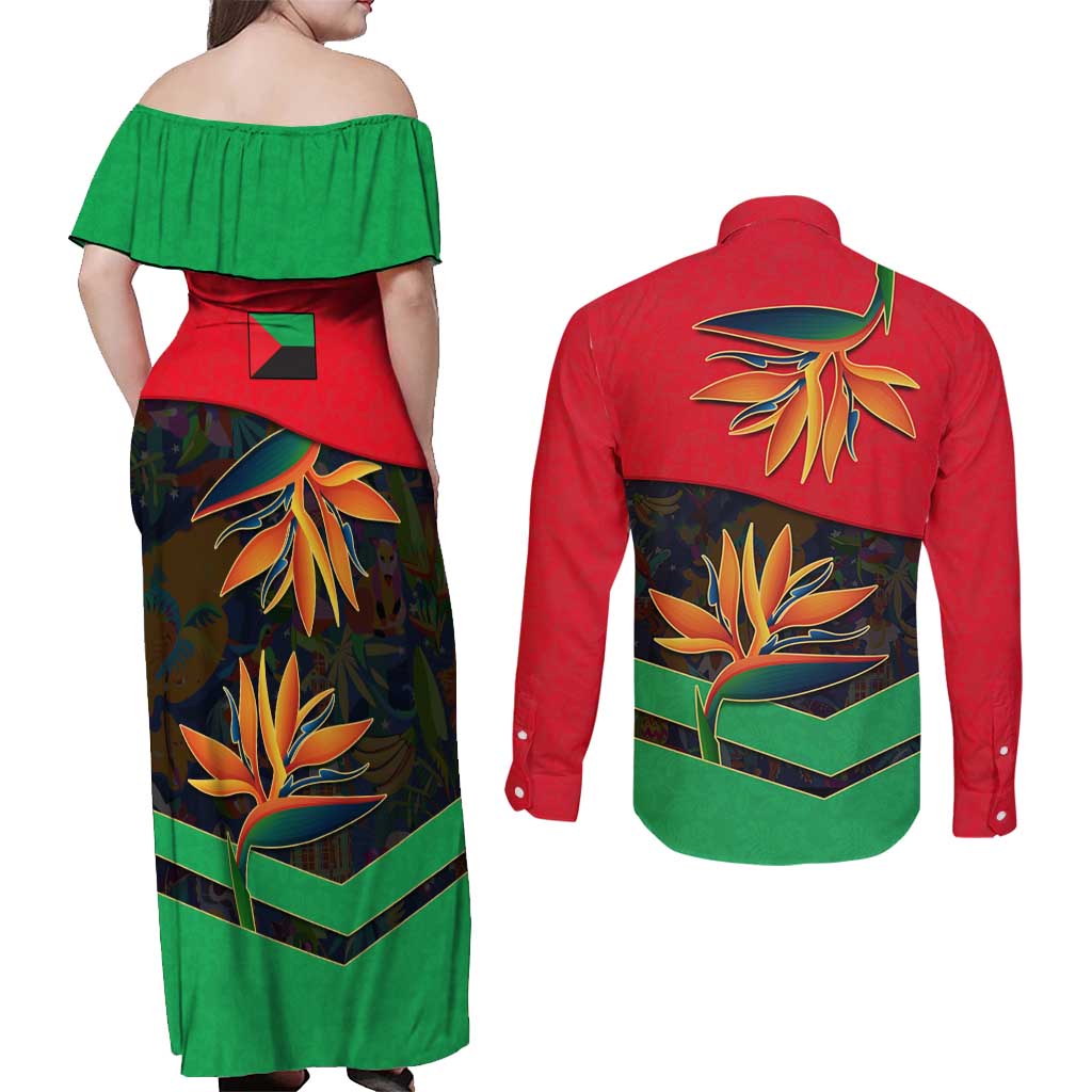 Martinique Pride Couples Matching Off Shoulder Maxi Dress and Long Sleeve Button Shirt with Red Green Design and Tropical Bird of Paradise Flower