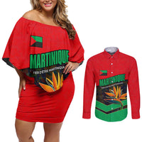 Martinique Pride Couples Matching Off Shoulder Short Dress and Long Sleeve Button Shirt with Red Green Design and Tropical Bird of Paradise Flower