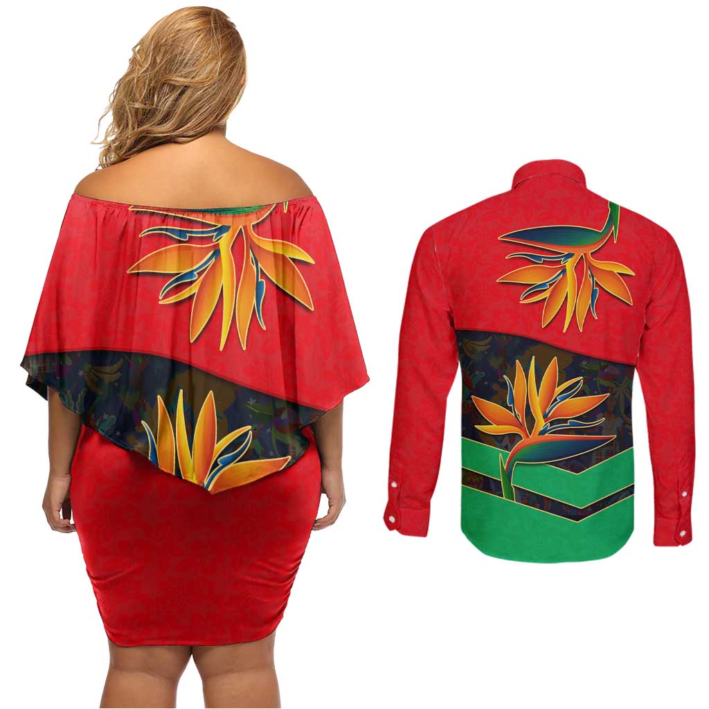 Martinique Pride Couples Matching Off Shoulder Short Dress and Long Sleeve Button Shirt with Red Green Design and Tropical Bird of Paradise Flower