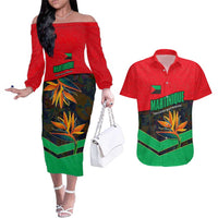 Martinique Pride Couples Matching Off The Shoulder Long Sleeve Dress and Hawaiian Shirt with Red Green Design and Tropical Bird of Paradise Flower