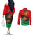 Martinique Pride Couples Matching Off The Shoulder Long Sleeve Dress and Long Sleeve Button Shirt with Red Green Design and Tropical Bird of Paradise Flower