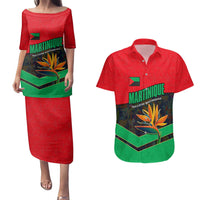 Martinique Pride Couples Matching Puletasi and Hawaiian Shirt with Red Green Design and Tropical Bird of Paradise Flower