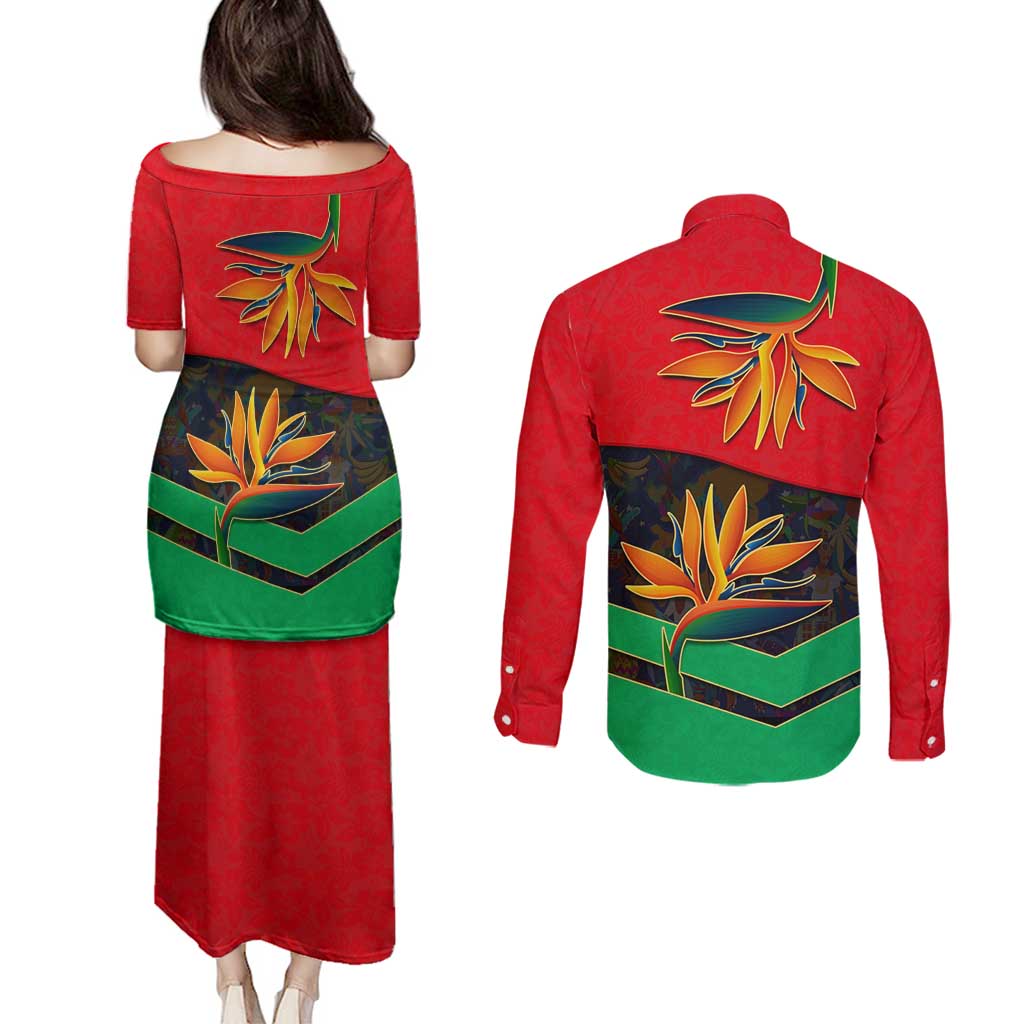 Martinique Pride Couples Matching Puletasi and Long Sleeve Button Shirt with Red Green Design and Tropical Bird of Paradise Flower