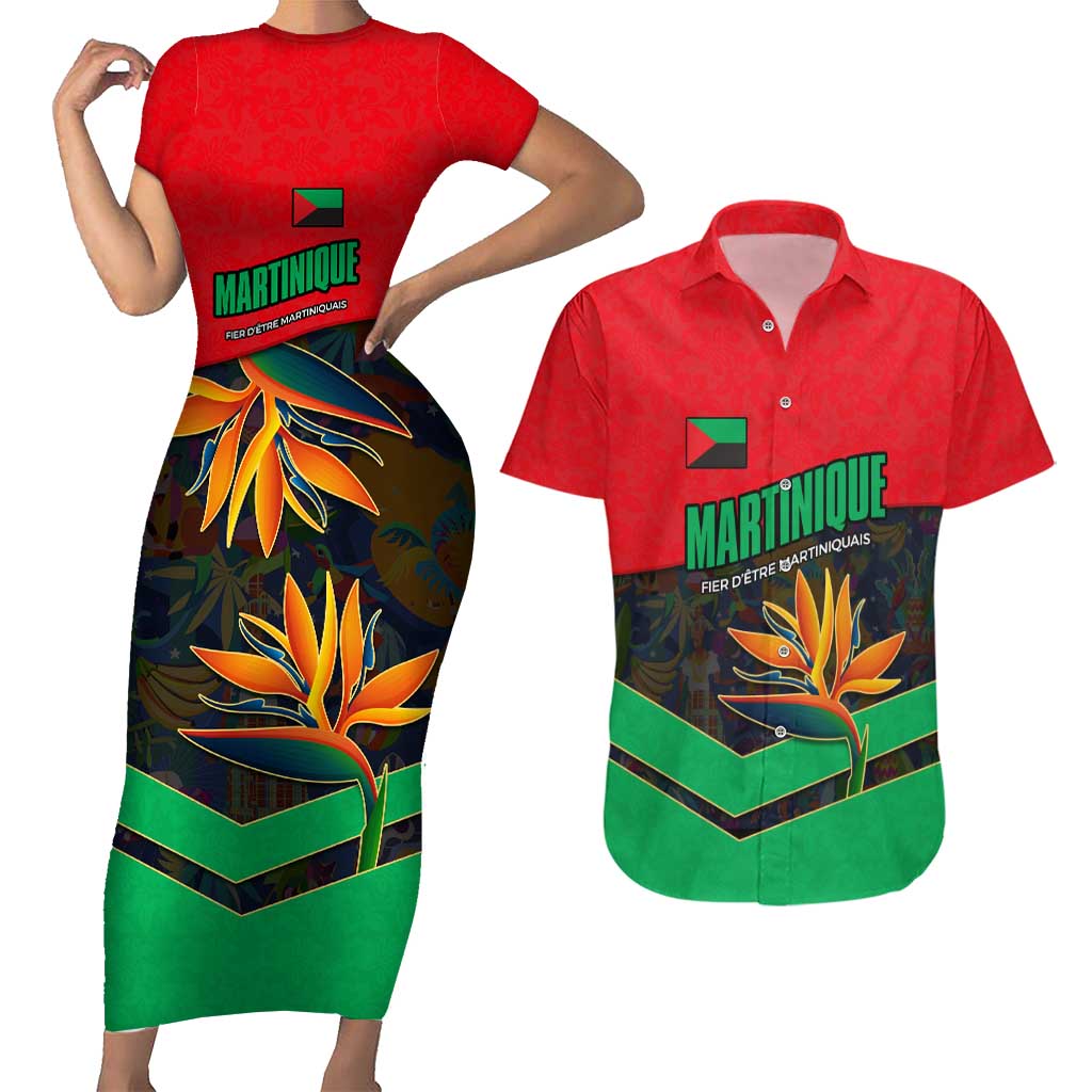 Martinique Pride Couples Matching Short Sleeve Bodycon Dress and Hawaiian Shirt with Red Green Design and Tropical Bird of Paradise Flower