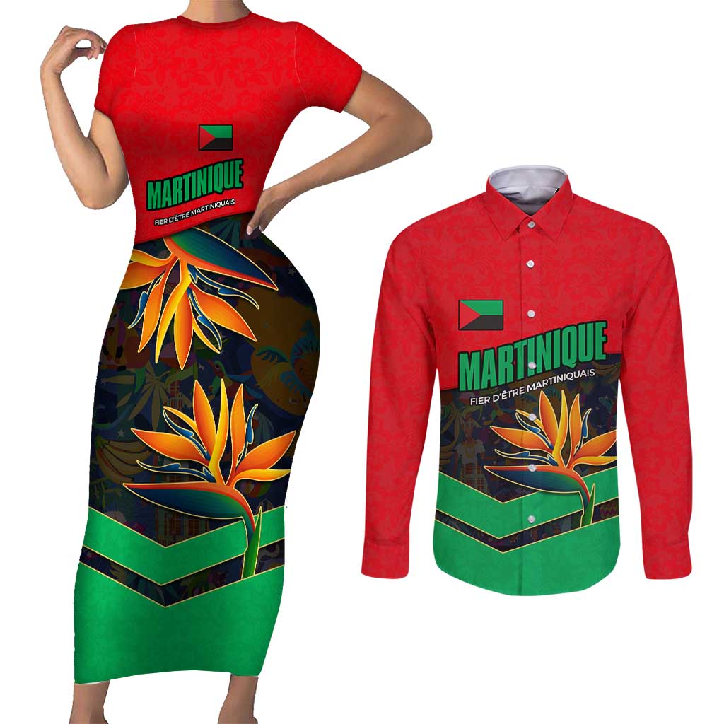 Martinique Pride Couples Matching Short Sleeve Bodycon Dress and Long Sleeve Button Shirt with Red Green Design and Tropical Bird of Paradise Flower