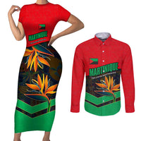 Martinique Pride Couples Matching Short Sleeve Bodycon Dress and Long Sleeve Button Shirt with Red Green Design and Tropical Bird of Paradise Flower