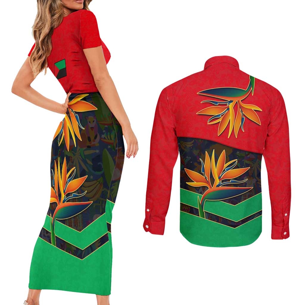 Martinique Pride Couples Matching Short Sleeve Bodycon Dress and Long Sleeve Button Shirt with Red Green Design and Tropical Bird of Paradise Flower