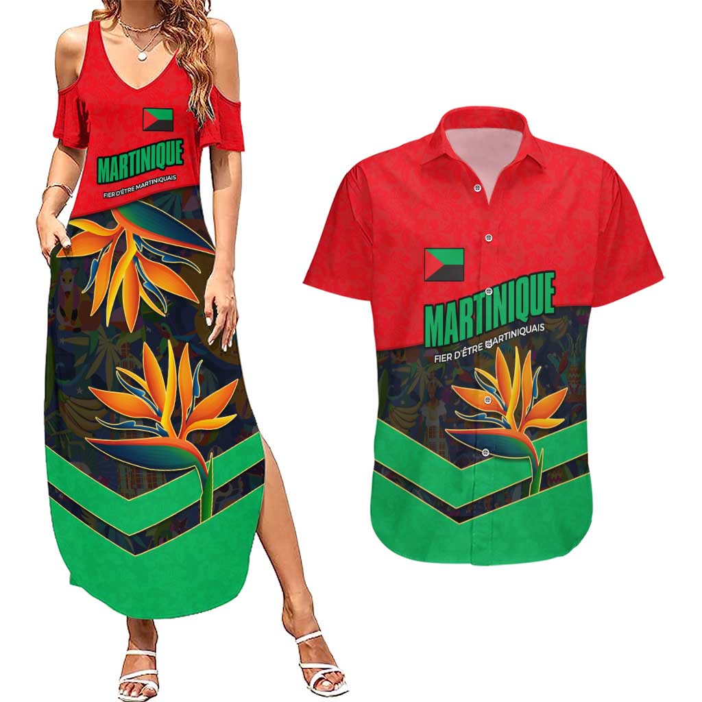 Martinique Pride Couples Matching Summer Maxi Dress and Hawaiian Shirt with Red Green Design and Tropical Bird of Paradise Flower