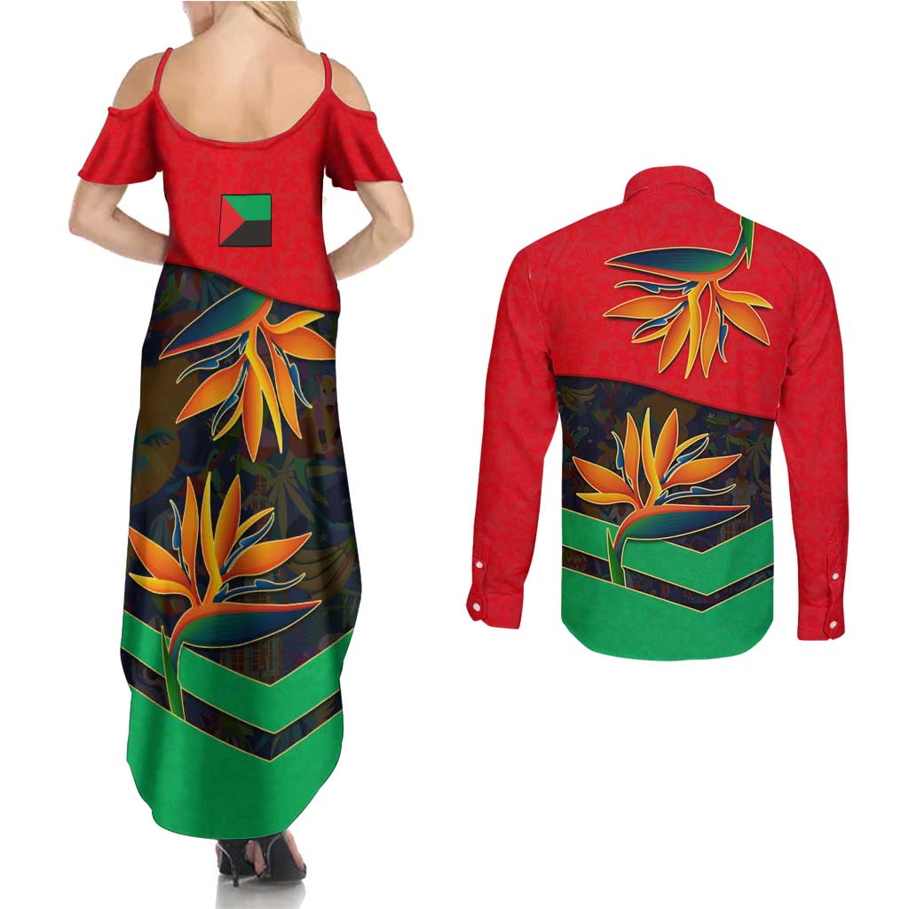 Martinique Pride Couples Matching Summer Maxi Dress and Long Sleeve Button Shirt with Red Green Design and Tropical Bird of Paradise Flower