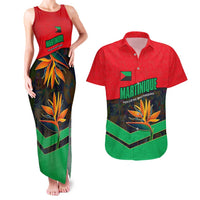 Martinique Pride Couples Matching Tank Maxi Dress and Hawaiian Shirt with Red Green Design and Tropical Bird of Paradise Flower