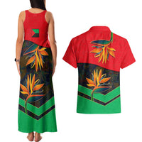 Martinique Pride Couples Matching Tank Maxi Dress and Hawaiian Shirt with Red Green Design and Tropical Bird of Paradise Flower