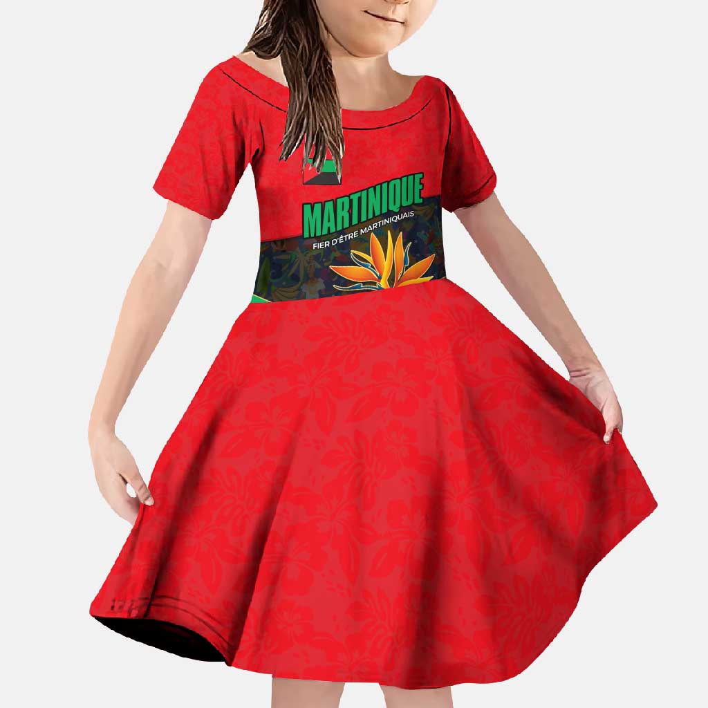 Martinique Pride Family Matching Long Sleeve Bodycon Dress and Hawaiian Shirt with Red Green Design and Tropical Bird of Paradise Flower