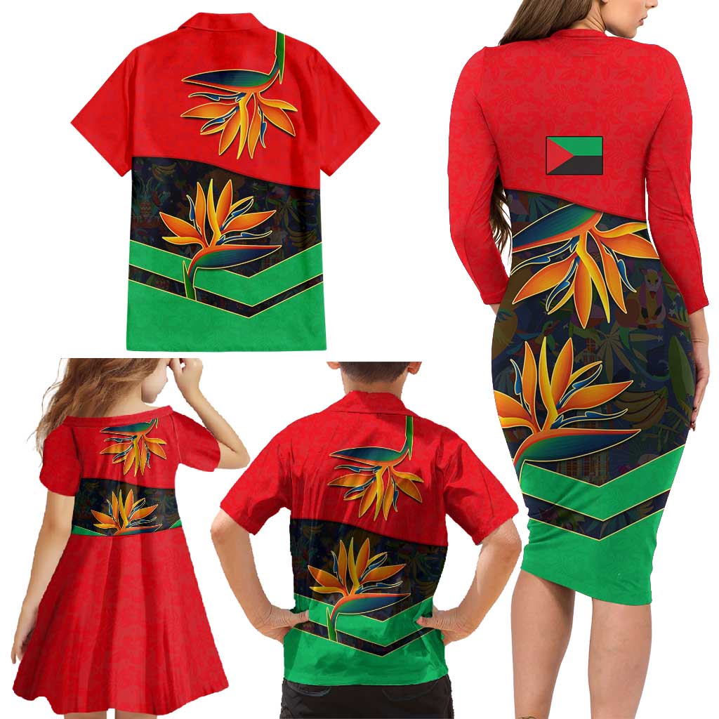 Martinique Pride Family Matching Long Sleeve Bodycon Dress and Hawaiian Shirt with Red Green Design and Tropical Bird of Paradise Flower