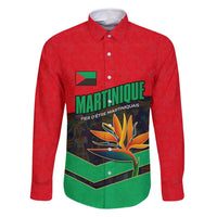 Martinique Pride Family Matching Long Sleeve Bodycon Dress and Hawaiian Shirt with Red Green Design and Tropical Bird of Paradise Flower