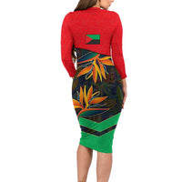 Martinique Pride Family Matching Long Sleeve Bodycon Dress and Hawaiian Shirt with Red Green Design and Tropical Bird of Paradise Flower