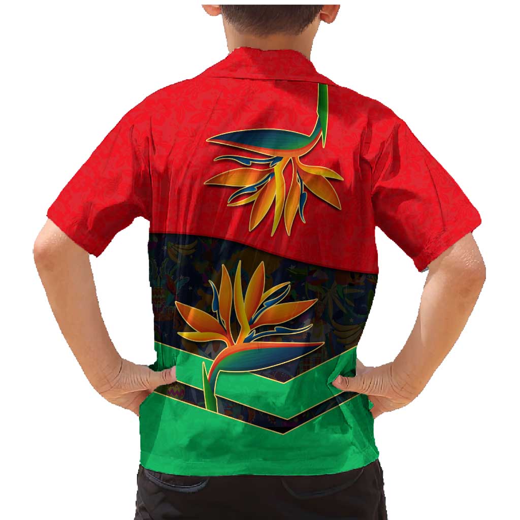 Martinique Pride Family Matching Mermaid Dress and Hawaiian Shirt with Red Green Design and Tropical Bird of Paradise Flower