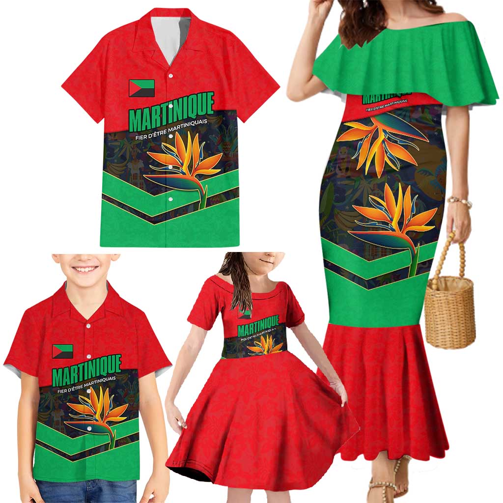 Martinique Pride Family Matching Mermaid Dress and Hawaiian Shirt with Red Green Design and Tropical Bird of Paradise Flower