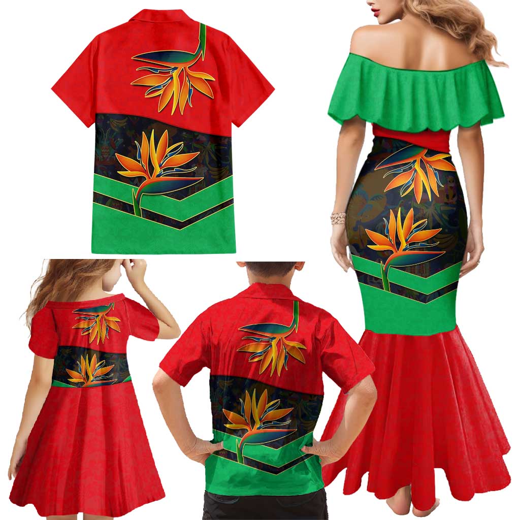 Martinique Pride Family Matching Mermaid Dress and Hawaiian Shirt with Red Green Design and Tropical Bird of Paradise Flower