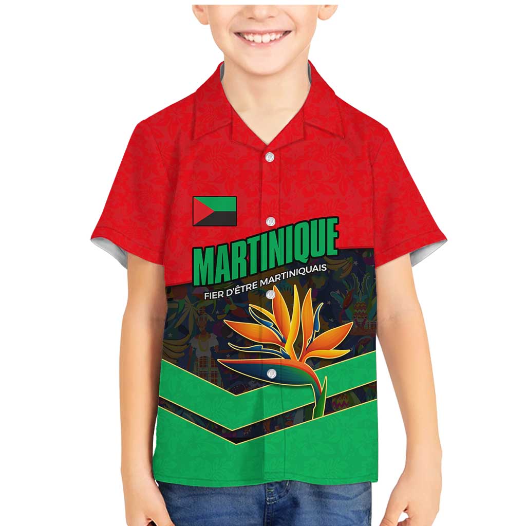 Martinique Pride Family Matching Mermaid Dress and Hawaiian Shirt with Red Green Design and Tropical Bird of Paradise Flower