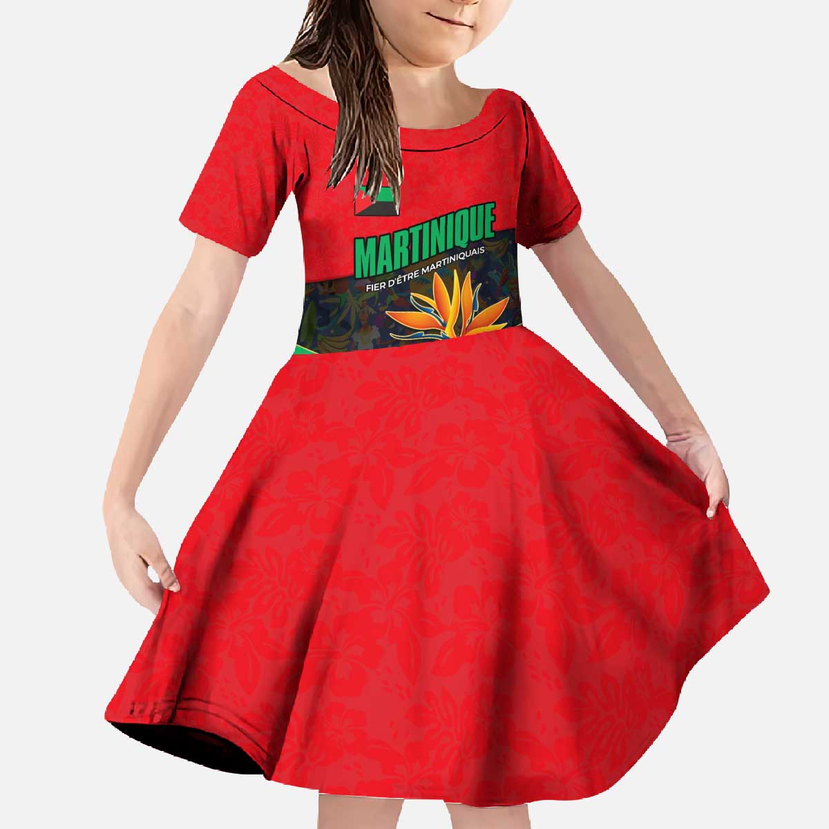 Martinique Pride Family Matching Off The Shoulder Long Sleeve Dress and Hawaiian Shirt with Red Green Design and Tropical Bird of Paradise Flower