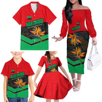 Martinique Pride Family Matching Off The Shoulder Long Sleeve Dress and Hawaiian Shirt with Red Green Design and Tropical Bird of Paradise Flower