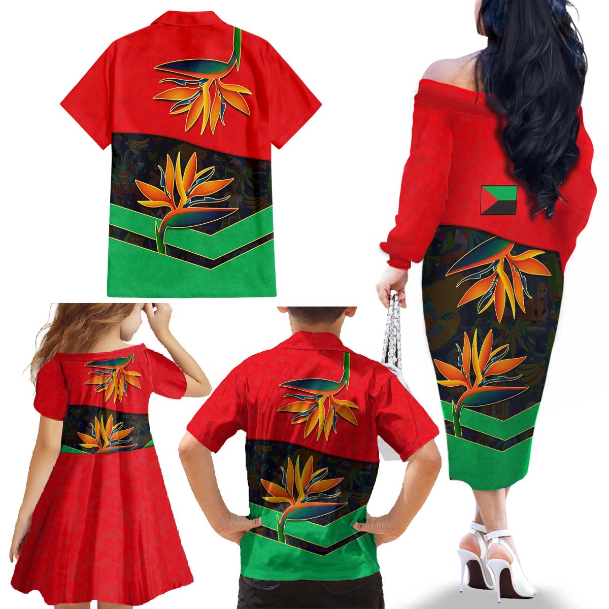 Martinique Pride Family Matching Off The Shoulder Long Sleeve Dress and Hawaiian Shirt with Red Green Design and Tropical Bird of Paradise Flower