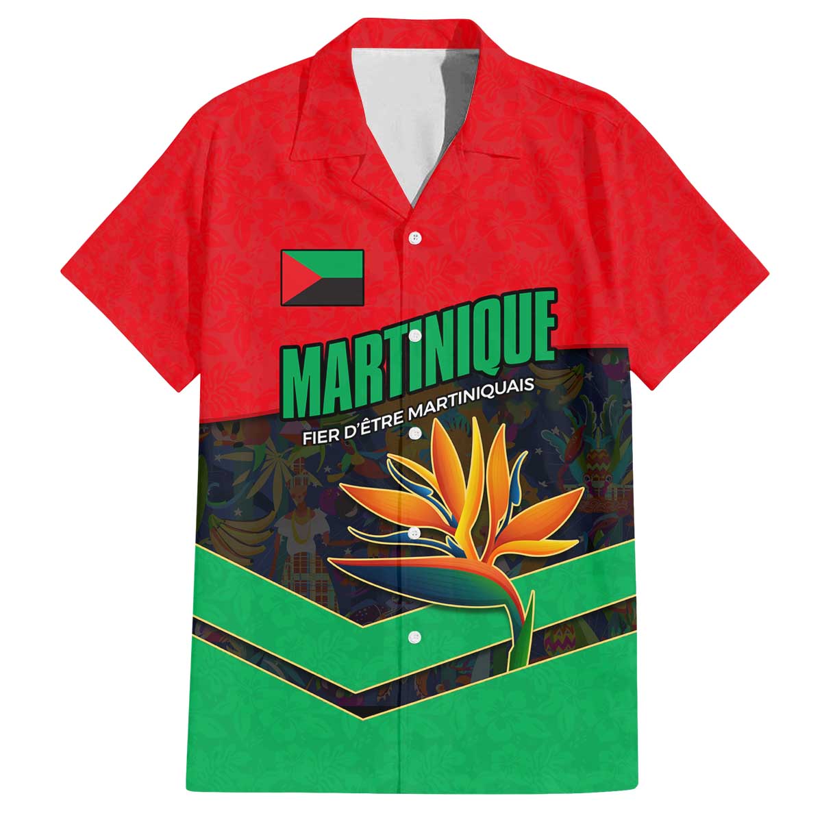 Martinique Pride Family Matching Off The Shoulder Long Sleeve Dress and Hawaiian Shirt with Red Green Design and Tropical Bird of Paradise Flower