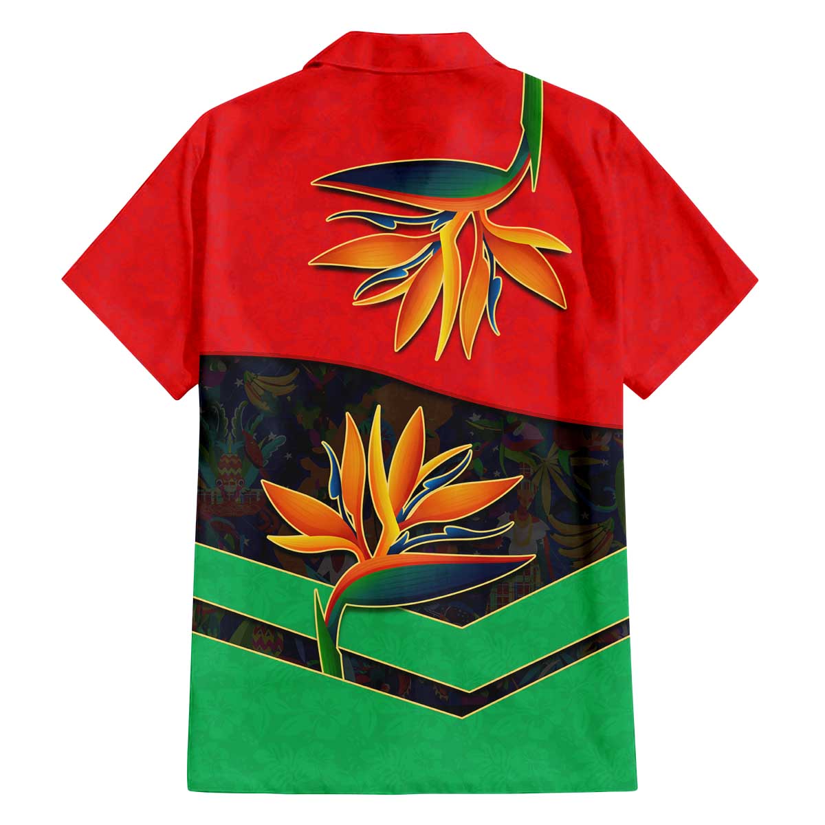 Martinique Pride Family Matching Off The Shoulder Long Sleeve Dress and Hawaiian Shirt with Red Green Design and Tropical Bird of Paradise Flower