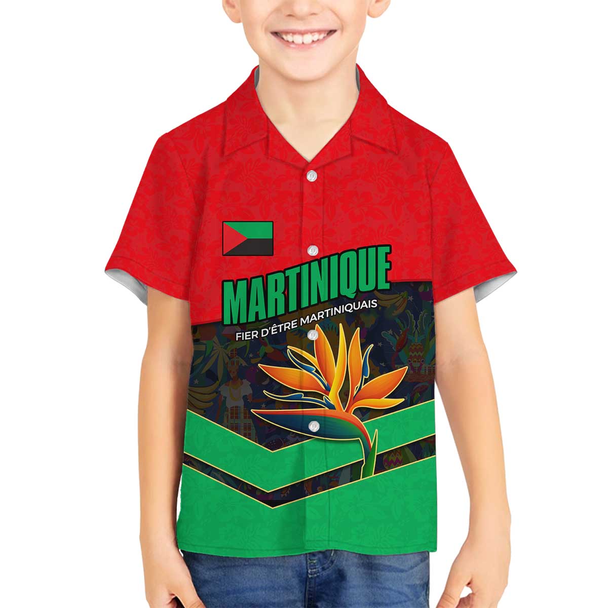 Martinique Pride Family Matching Off The Shoulder Long Sleeve Dress and Hawaiian Shirt with Red Green Design and Tropical Bird of Paradise Flower