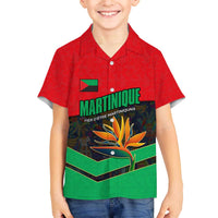 Martinique Pride Family Matching Off The Shoulder Long Sleeve Dress and Hawaiian Shirt with Red Green Design and Tropical Bird of Paradise Flower