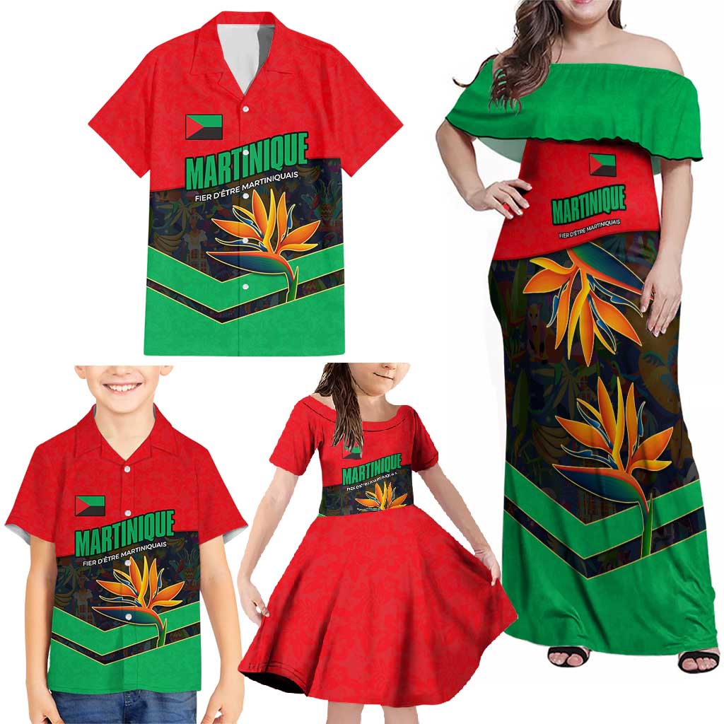 Martinique Pride Family Matching Off Shoulder Maxi Dress and Hawaiian Shirt with Red Green Design and Tropical Bird of Paradise Flower