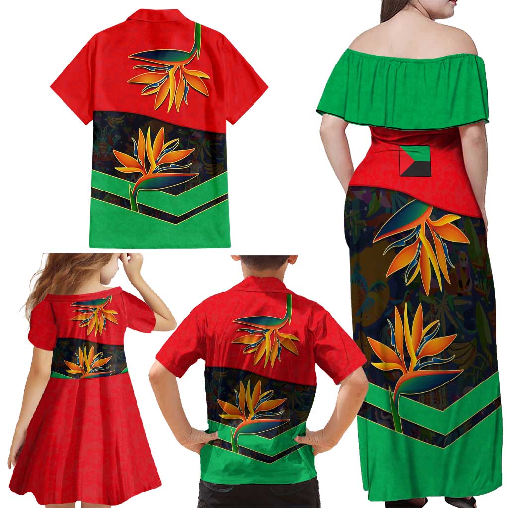 Martinique Pride Family Matching Off Shoulder Maxi Dress and Hawaiian Shirt with Red Green Design and Tropical Bird of Paradise Flower
