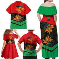Martinique Pride Family Matching Off Shoulder Maxi Dress and Hawaiian Shirt with Red Green Design and Tropical Bird of Paradise Flower