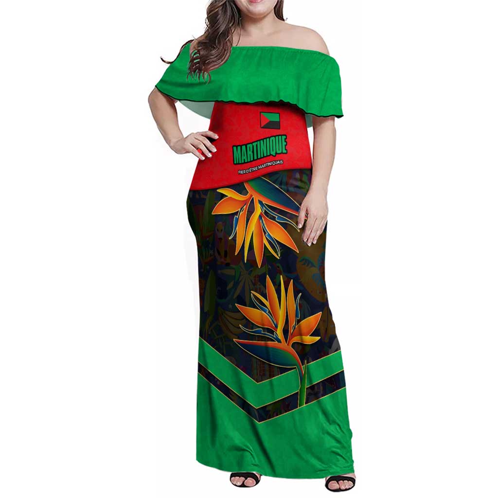 Martinique Pride Family Matching Off Shoulder Maxi Dress and Hawaiian Shirt with Red Green Design and Tropical Bird of Paradise Flower
