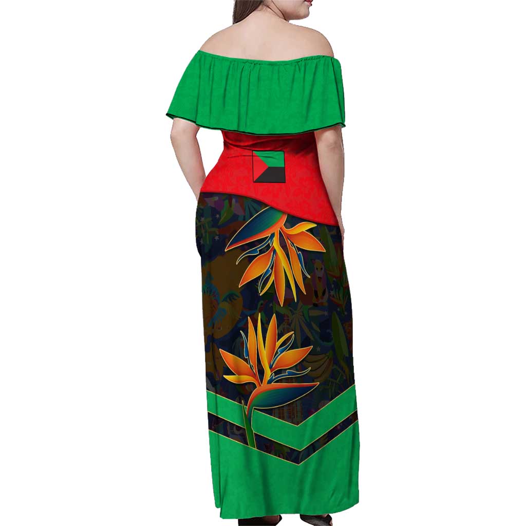 Martinique Pride Family Matching Off Shoulder Maxi Dress and Hawaiian Shirt with Red Green Design and Tropical Bird of Paradise Flower
