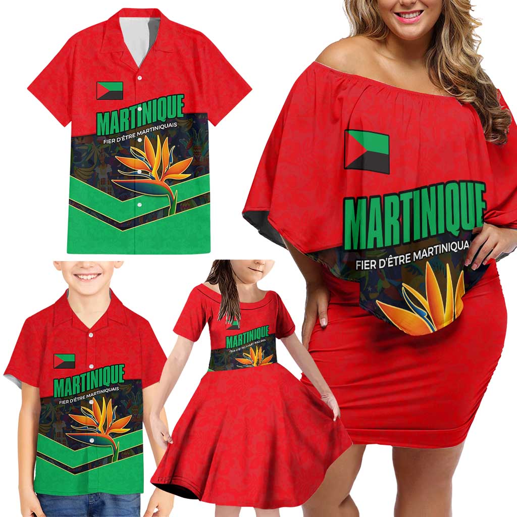 Martinique Pride Family Matching Off Shoulder Short Dress and Hawaiian Shirt with Red Green Design and Tropical Bird of Paradise Flower