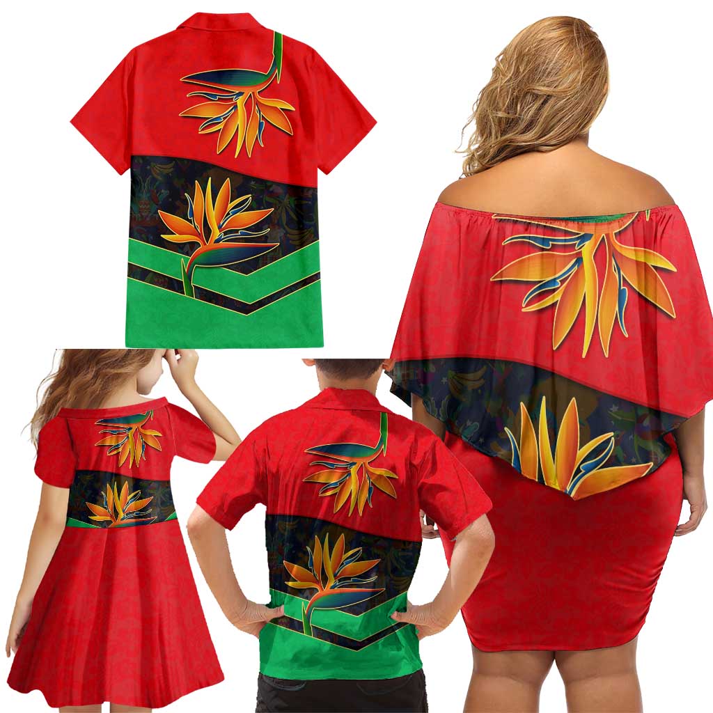Martinique Pride Family Matching Off Shoulder Short Dress and Hawaiian Shirt with Red Green Design and Tropical Bird of Paradise Flower