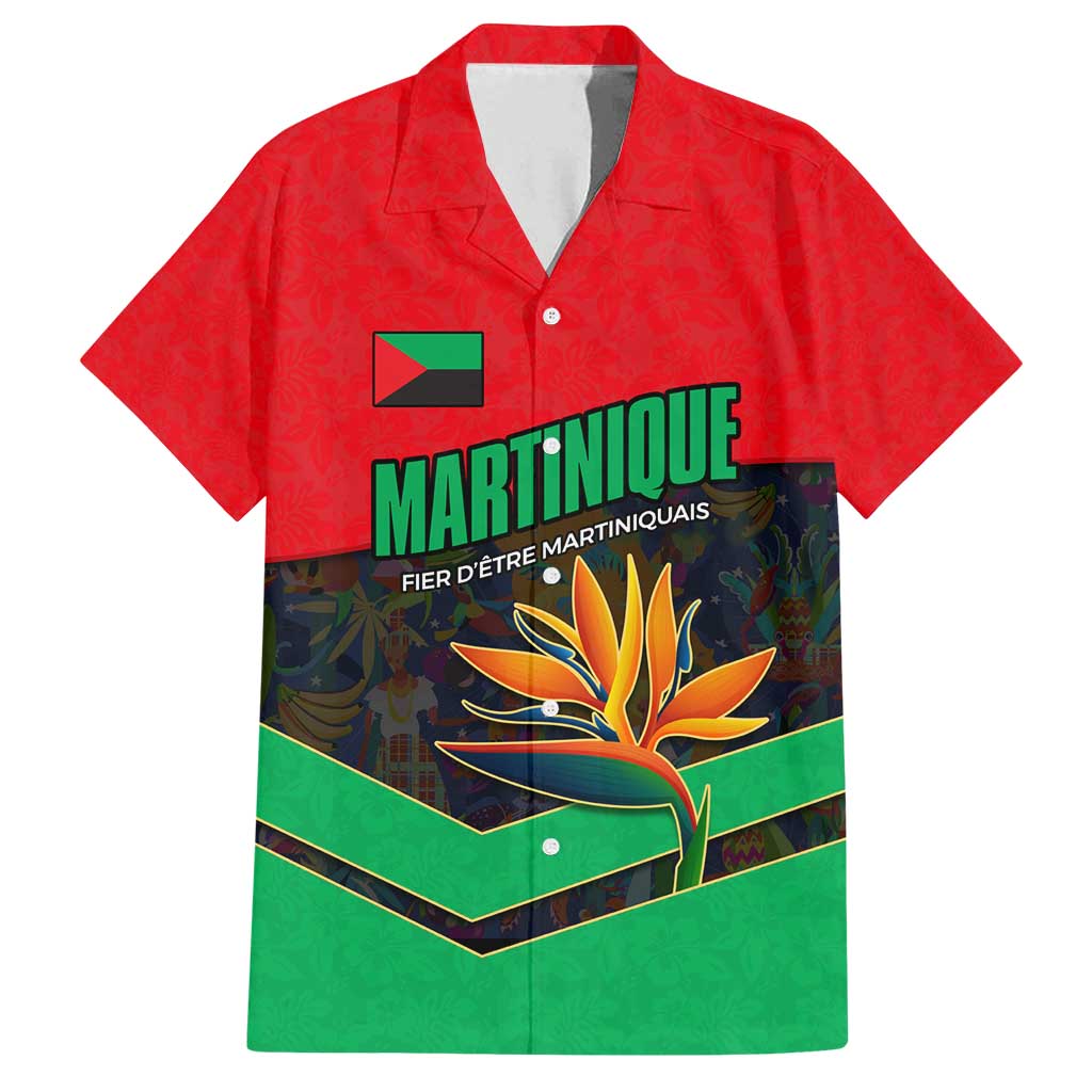 Martinique Pride Family Matching Off Shoulder Short Dress and Hawaiian Shirt with Red Green Design and Tropical Bird of Paradise Flower