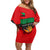 Martinique Pride Family Matching Off Shoulder Short Dress and Hawaiian Shirt with Red Green Design and Tropical Bird of Paradise Flower